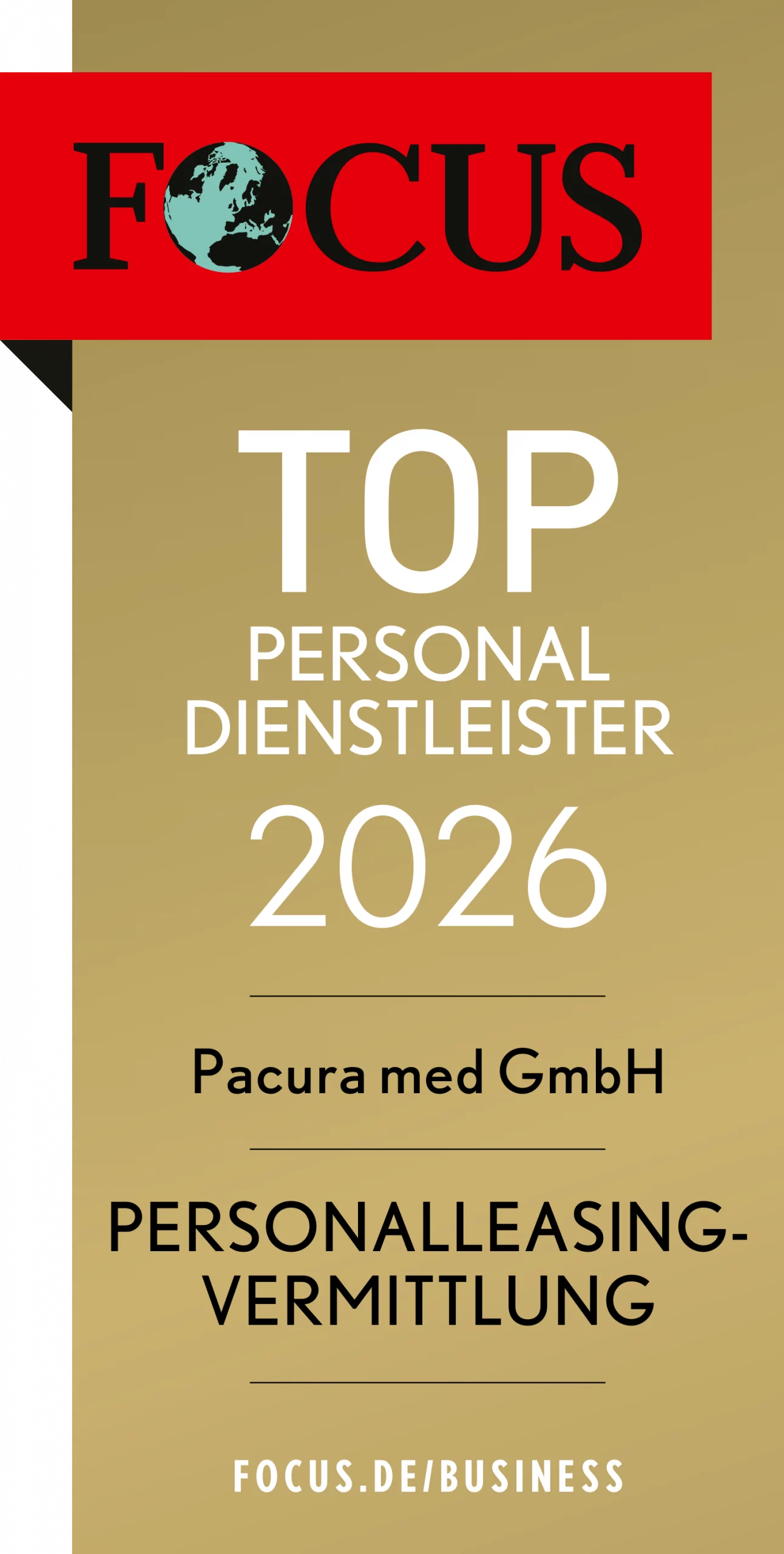 Pacura med ist TOP Personaldienstleister 2026 Siegel FOCUS TOP Personaldienstleister 2026 | Personalleasing-Vermittlung